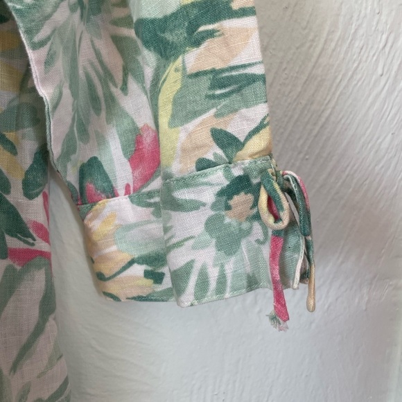 JM Collection 100% Linen Tropical Floral Button Up Green Pink 3/4 Sleeve - Sz 14 - Picture 5 of 6